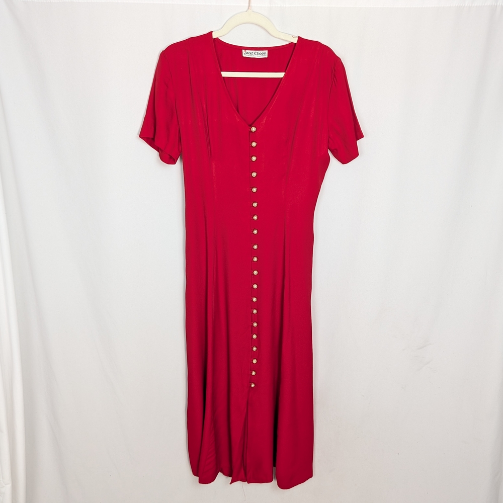 Vintage Pearl Button Front Midi Dress Lace Up Back